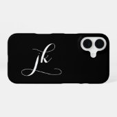 Moderne Zwarte Witte Script Monogram Naam iPhone 16 Hoesje (Achterkant horizontaal)