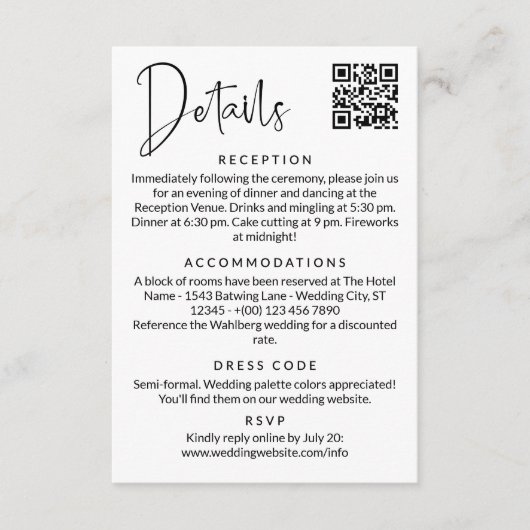 Moderne Zwarte Witte Script QR Code Huwelijksdetai Informatiekaartje (Voorkant)