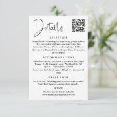 Moderne Zwarte Witte Script QR Code Huwelijksdetai Informatiekaartje (Staand voorkant)