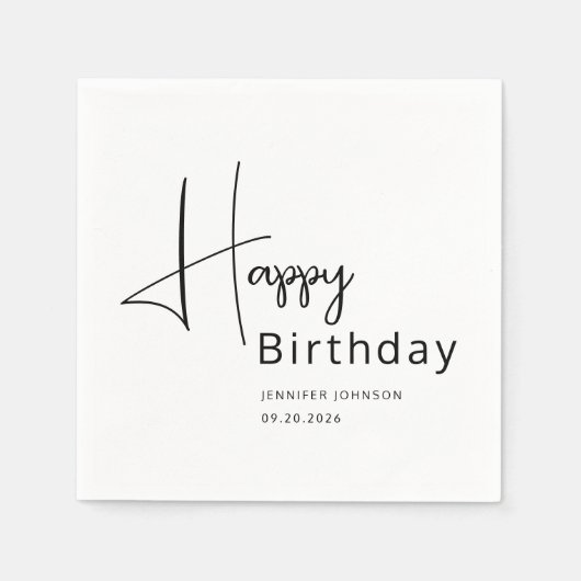 Moderne Zwarte & Witte Script Verjaardag Servet (Voorkant)