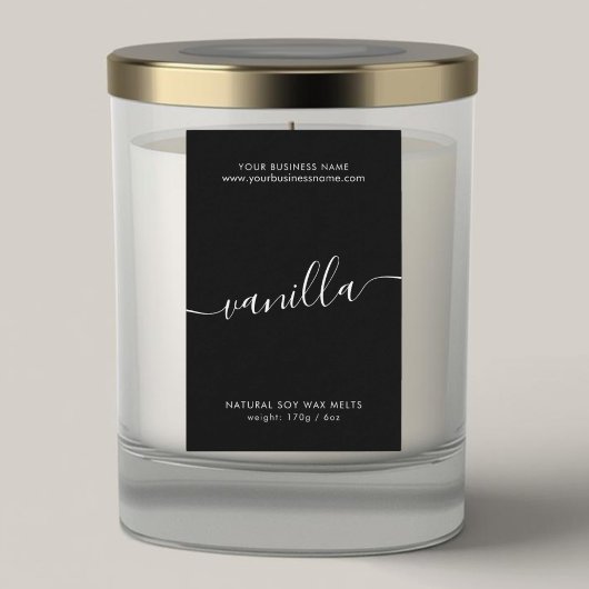 Moderne zwarte witte scriptkaarsenlabel voedselcontainer etiket