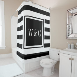 Moderne Zwarte Witte Streep Trendy Monogram Douchegordijn