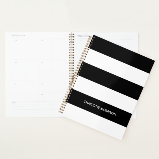 Moderne zwarte witte strepen, aangepaste naam mono planner (Display)