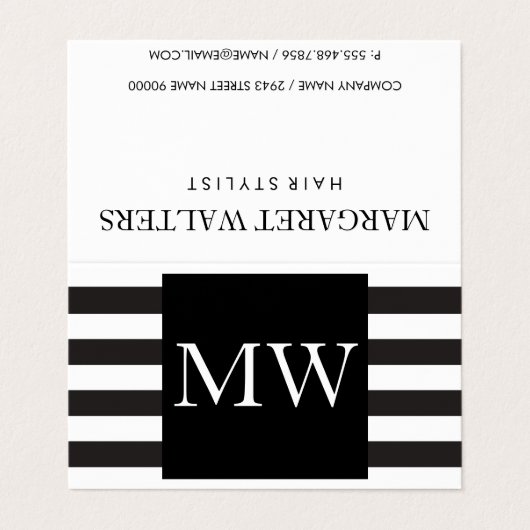 Moderne zwarte witte strepen monogram visitekaartje (Buitenkant ongevouwen)