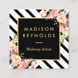 Moderne zwarte witte strepen Roze Floral Gold Lijs Vierkante Visitekaartje
