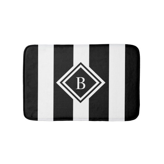 Moderne zwarte witte striped Monogram Geheugenschu Badmat (Voorkant)