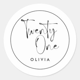 Moderne zwarte witte typografie 21 fotoverjaardag ronde sticker