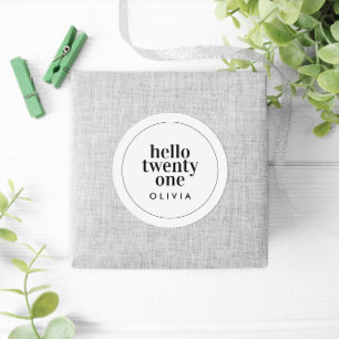 Moderne zwarte witte typografie 21 fotoverjaardag ronde sticker