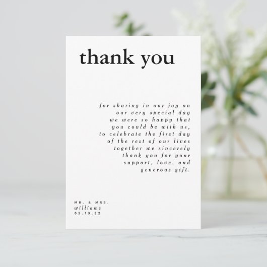 Moderne Zwarte Witte Typografie Huwelijk Bedankt Kaart (Staand voorkant)
