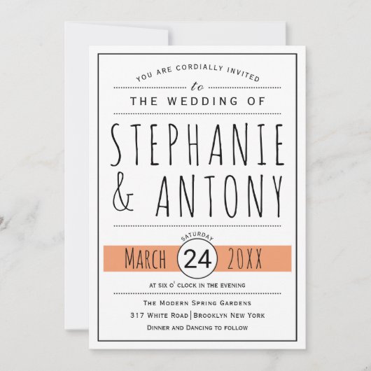 Moderne zwarte, witte typografie, koraalperzikbrui kaart (Voorkant)