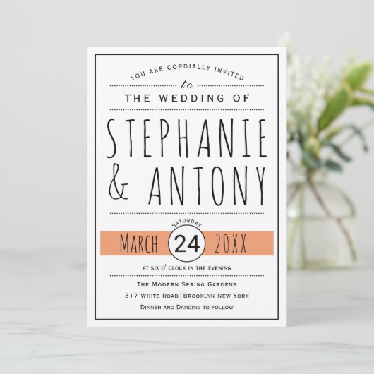 Moderne zwarte, witte typografie, koraalperzikbrui kaart (Staand voorkant)