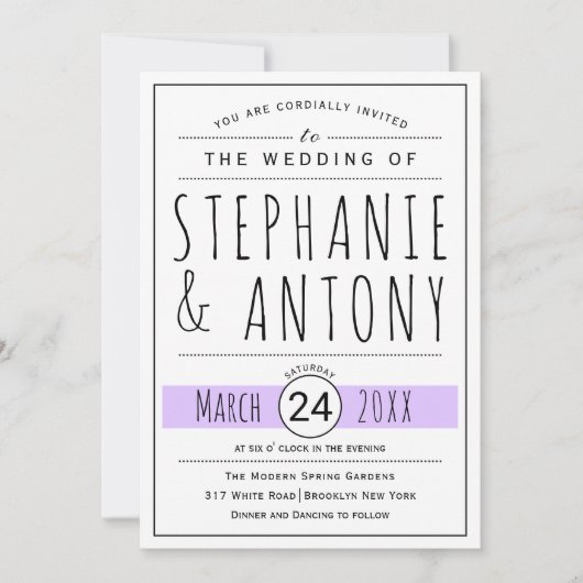 Moderne zwarte, witte typografie lavendel bruiloft kaart (Voorkant)