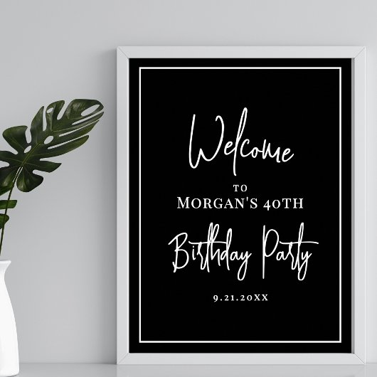 Moderne Zwarte Witte Verjaardagsfeest Welkom Poster