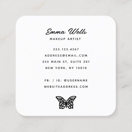 Moderne zwarte witte vlinderroze vierkante visitekaartje (Achterkant)