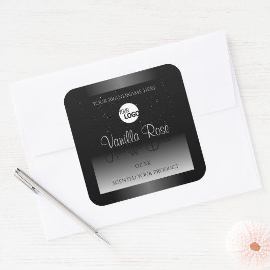 Moderne zwarte witte waslabel Zacht glitter Logo Vierkante Sticker (Envelop)