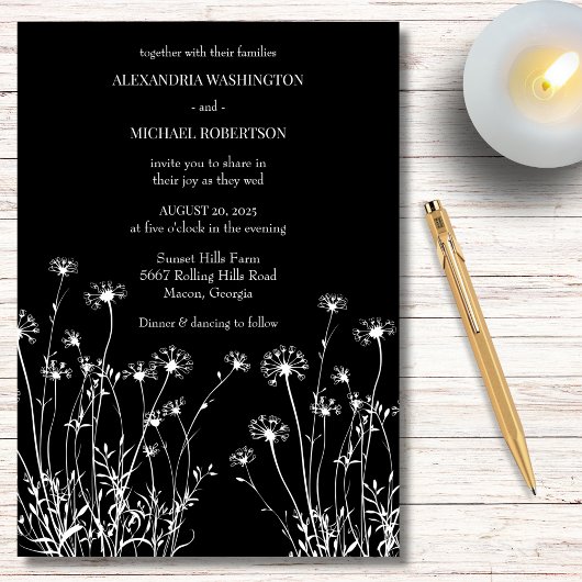 Moderne Zwarte & Witte Wilde Bloemen Bruiloft Kaart