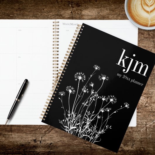 Moderne Zwarte & Witte Wilde Bloemen Planner