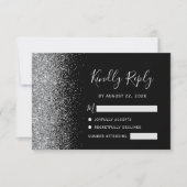 Moderne zwarte zilver Faux Glitter Edge RSVP Kaartje (Voorkant)