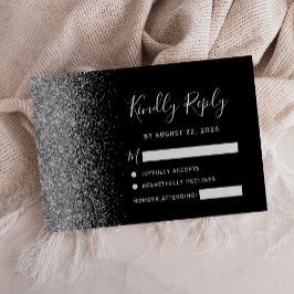 Moderne zwarte zilver Faux Glitter Edge RSVP Kaartje