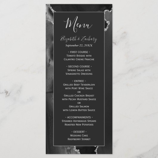 Moderne Zwarte Zilveren Agate Huwelijk Menu (Voorkant)