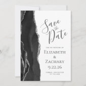 Moderne Zwarte Zilveren Agate Save the Date (Voorkant)