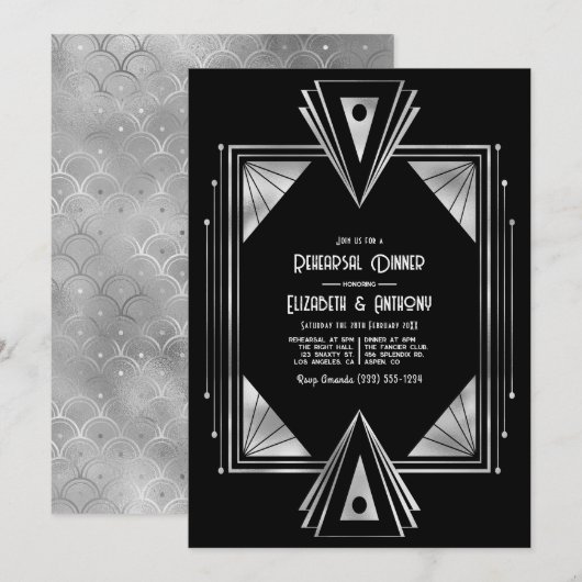 Moderne zwarte & zilveren Art Deco proefhuwelijksd Kaart (Voorkant / Achterkant)