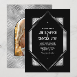 Moderne Zwarte & Zilveren Gatsby Art Deco Trouwkaa Kaart