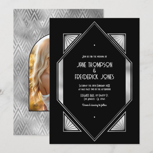 Moderne Zwarte & Zilveren Gatsby Art Deco Trouwkaa Kaart (Voorkant / Achterkant)
