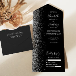 Moderne Zwarte Zilveren Glitter Bruiloft All In One Uitnodiging