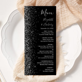 Moderne Zwarte Zilveren Glitter Rand Trouw Menu