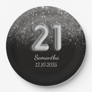 Moderne Zwarte Zilveren Glitters Glans 21 Verjaard Papieren Bordje