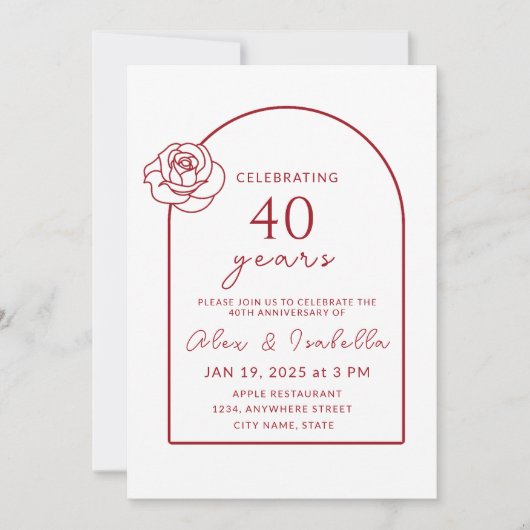 ModerneMinimalistische Ruby Red 40ste bruiloft Jub Kaart (Voorkant)