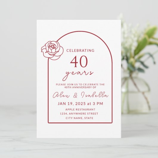 ModerneMinimalistische Ruby Red 40ste bruiloft Jub Kaart (Staand voorkant)