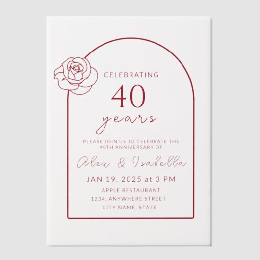 ModerneMinimalistische Ruby Red 40ste bruiloft Jub Vellum Uitnodigingen (Voorkant)