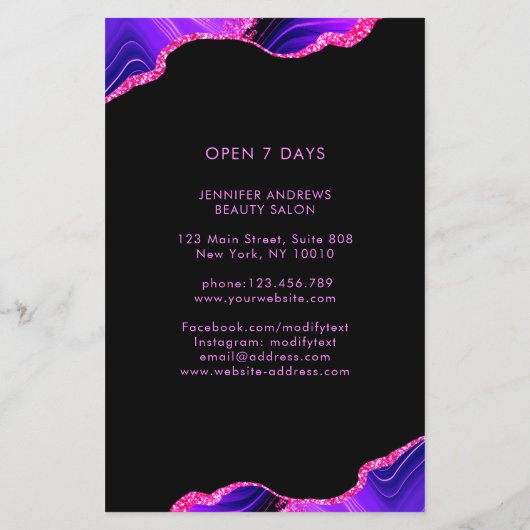 Moderner Marmor Glitzer Salon Preislist Flyer (Achterkant)