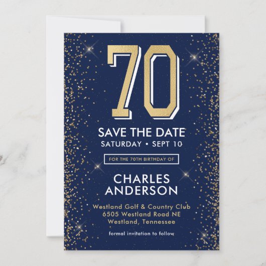 Moderner Navyblauwe 70e Verjaardag Save The Date (Voorkant)
