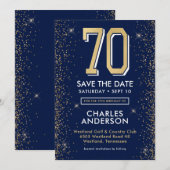 Moderner Navyblauwe 70e Verjaardag Save The Date (Voorkant / Achterkant)