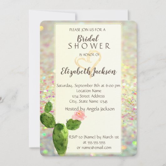 ModernGlitter Bokeh Cactus Vrijgezellenfeest Kaart (Voorkant)