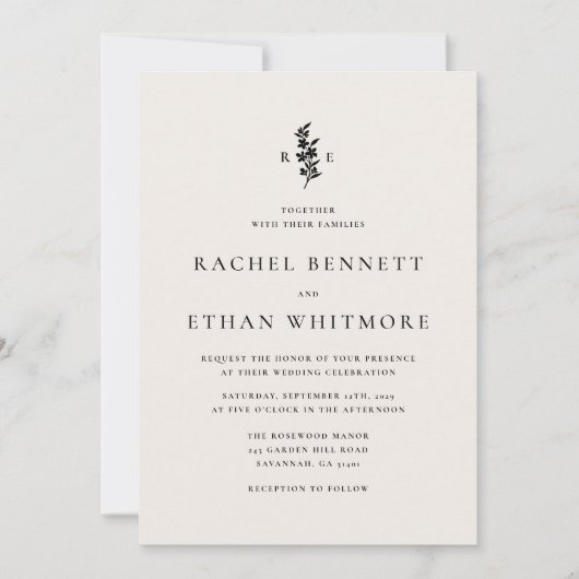 modernI vory Botanical Monogram Wedding Invitation Aankondiging (Voorkant)