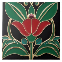 Modernist Art Nouveau Bold Zwart Groen Rood Bloem Tegeltje