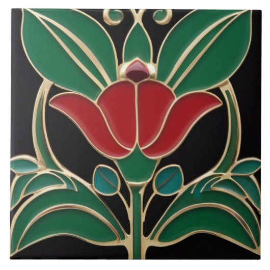 Modernist Art Nouveau Bold Zwart Groen Rood Bloem Tegeltje (Voorkant)