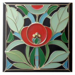 Modernist Art Nouveau Faux Relief Groene Rode Bloe Tegeltje