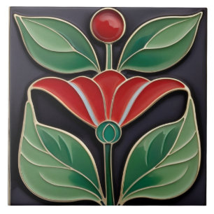 Modernistische Art Nouveau Faux Relief Bold Red Fl Tegeltje