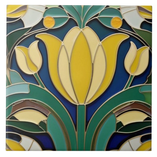 Modernistische Art Nouveau gele tulpenbloem Tegeltje (Voorkant)