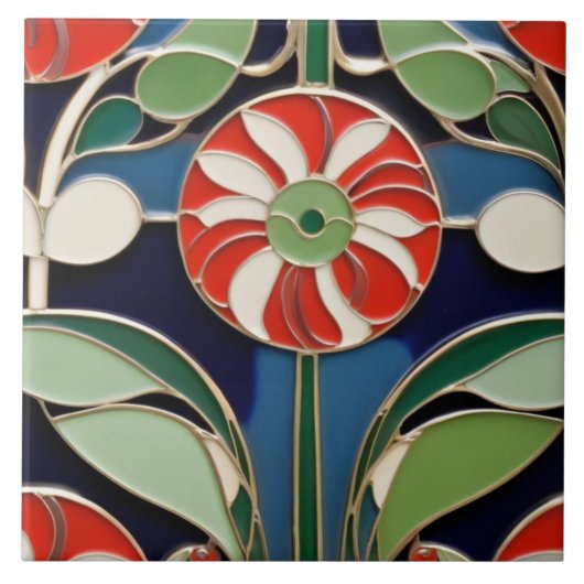 Modernistische Art Nouveau Ronde Rode Bloem Bloeme Tegeltje (Voorkant)