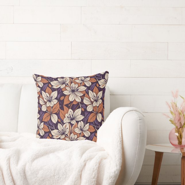 Modernistische Herfst Bloemen Paarse & Crème Sierk Kussen (Bank)