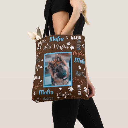 ModernPersonalized Foto Names Brown Blue Dog Tote Bag (Dichtbij)