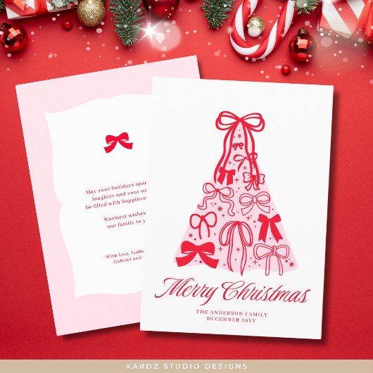 ModernPink Red Bow Merry Christmas Holiday Card Feestdagenkaart