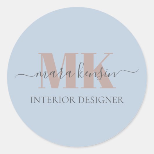 Modert Mocha Mousse Monogram Dusty Blue Ronde Sticker (Voorkant)