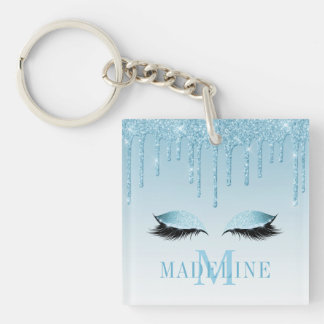 Modieus Blauwe Glitter Wimpers Monogram Sleutelhanger
